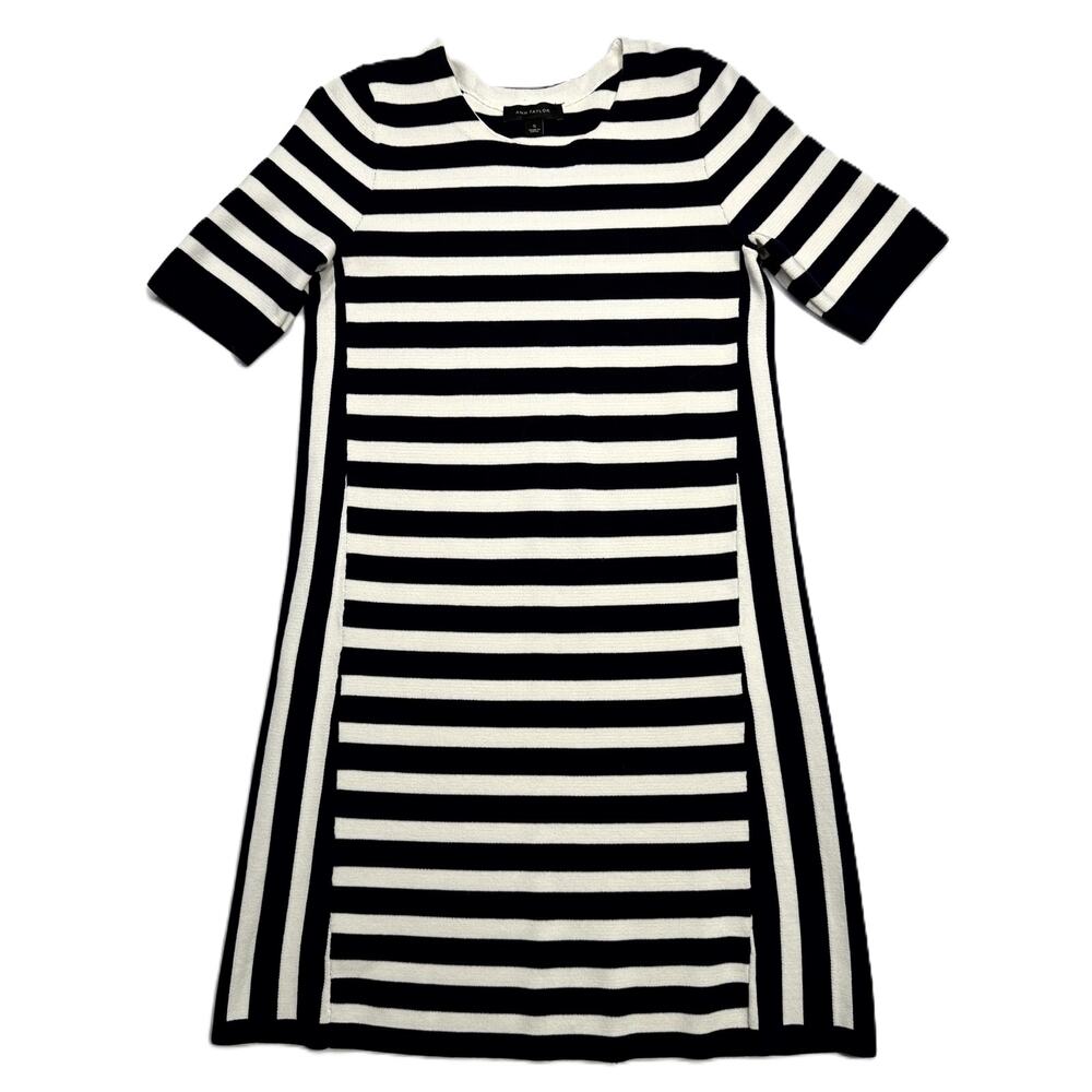 Ann Taylor Petite Dress S Black & White Stripe Knit Short Sleeve Crew Neck